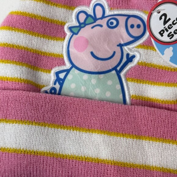 Girls Peppa Pig Winter Hat Gloves Set Pink White Stripe Pom Pom Beanie - Picture 3 of 3